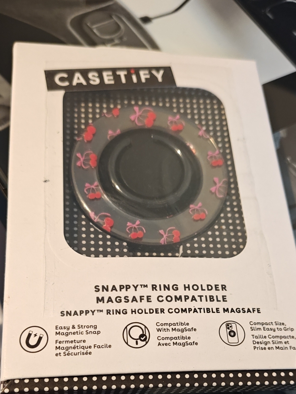 Casetify Black Snappy Ring Holder with Pink & Red Cherry Print